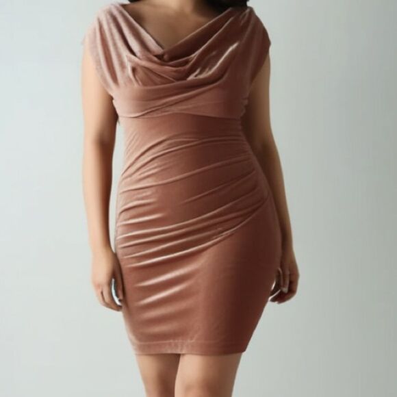 Nipon Boutique Dusty Rose Cowl Neck Ruched Side Velveteen Dress -- 16‎ - Picture 3 of 14
